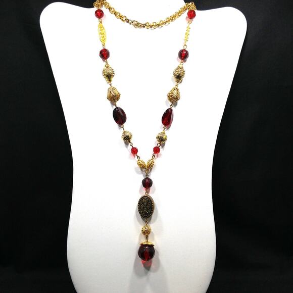 Vintage Long Tassel Necklace, Large Red Lucite & Filigree beads, Wire Wrapped - Picture 3 of 10